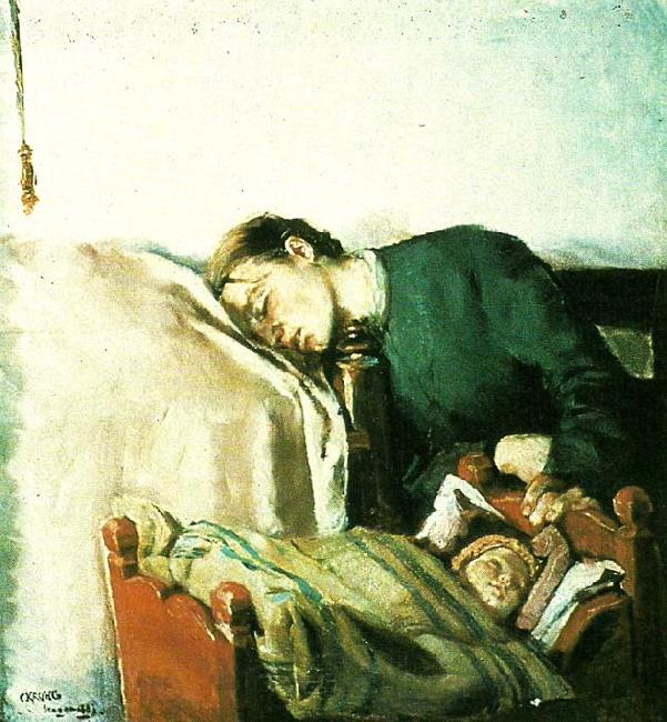 Christian Krohg sovende mor ved sit barns vugge Norge oil painting art